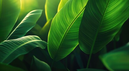Lush green foliage bathed in sunlight, showcasing intricate leaf veins and textures
