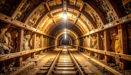 Mysterious illuminated gold mine tunnel with railroad tracks perspective view
