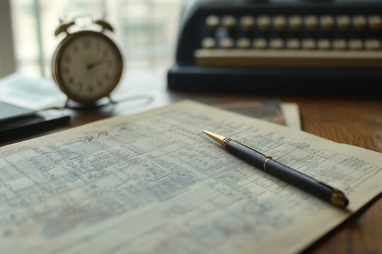 pen and typewriter with clock