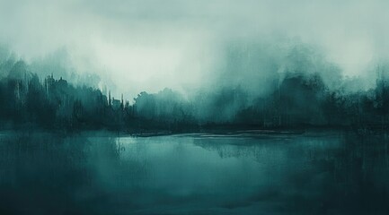 Serene teal lake mirroring a misty, dark forest under a cloudy sky