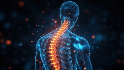 human anatomical structure showcasing the spinal column and nervous system with glowing highlighted vertebrae
