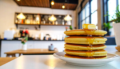 カフェのテーブルに置かれた美味しそうなパンケーキ