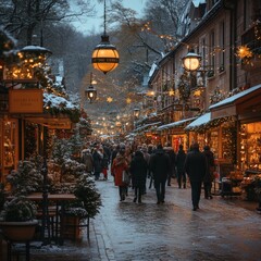 Naklejka premium Festive Winter Street Scene at Dusk with Holiday Decorations