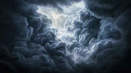 Dark, ominous storm clouds fill the frame, a bright light peeking through the center