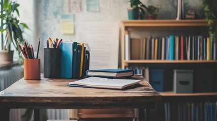 Organized classroom desk with stacks of books notebooks pens and paper near a cozy bookshelf in a bright educational setting for studying or reading