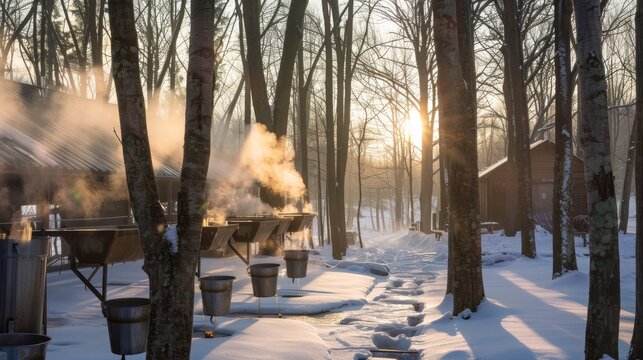 Morning light graces a maple syrup farm Steam rises from the sugar shack where metal sap buckets await, snow blankets the ground.