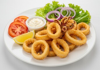 Fried calamari rings served with lemon, tomato, lettuce, onion and dipping sauce