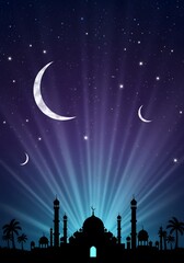 Fototapeta premium Majestic Night Scene Mosque Silhouette Under Starlit Sky, Crescent Moons, and Radiant Light Beams
