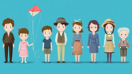 Fototapeta premium Cartoon Family Portrait with Kite