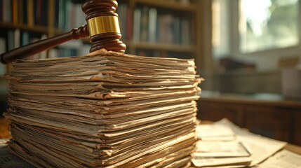 Gavel on stacked papers, blurred office backdrop