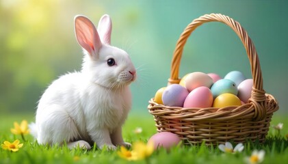 A fluffy white bunny sits beside a basket overflowing with colorful Easter eggs , easter eggs, happy