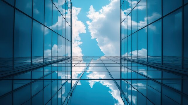 Glass buildings mirroring sky, upward view