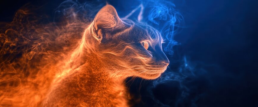 abstract feline portrait rendered in contrasting fiery orange and serene electric blue hues