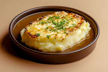Close-up of a golden-brown, cheesy, potato dish.