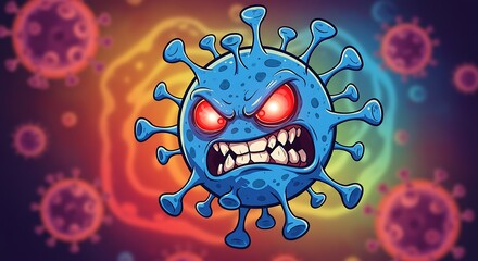 Angry Virus: Glowing Eyes and Rainbow Swirl Background - Cartoon Illustration