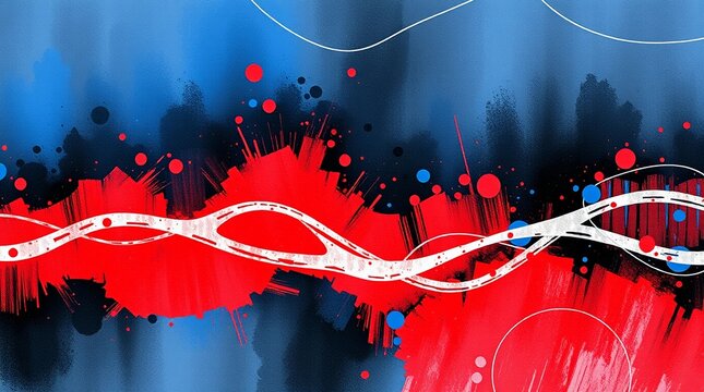 Manchas de color rojo derramadas sobre fondo azul oscuro y lineas blancas