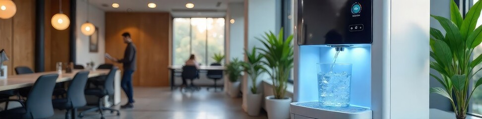 A modern office water cooler dispenses chilled and room temperature water, promoting hydration and workplace wellness Its sleek design fits seamlessly into contemporary workspaces , cool, white