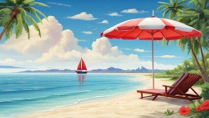 Obraz premium Tropical Beach Scene Vector – Palm Tree, Umbrella, Chair, and Sailboat Illustration