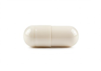 Close up of a single white capsule on white background, horizontal