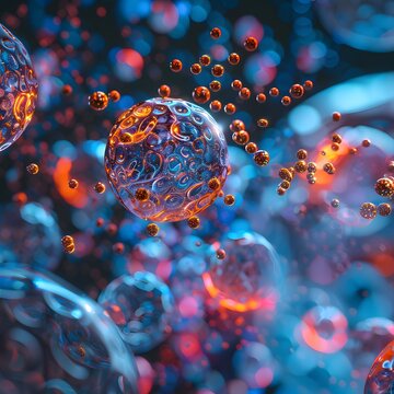 Abstract blue and red organic forms, microscopic vibrant floating particles.