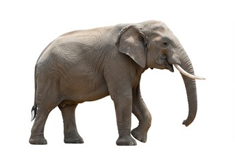 Obraz premium African elephant walking with trunk down on a white background, full body shot