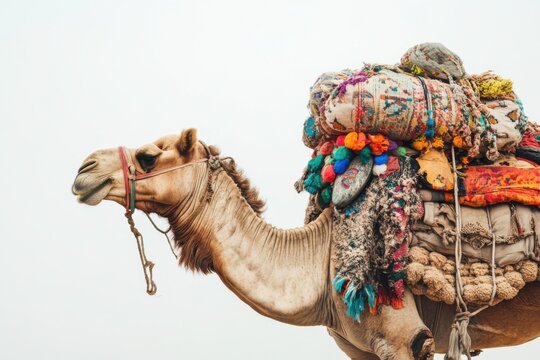 camel with loads on white background