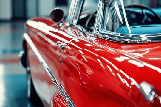 classic red car with side mirror