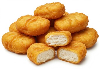 Pile of golden brown chicken nuggets with one nugget cut in half on white