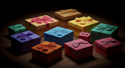 Obraz premium Colorful Gift Boxes on Wooden Surface