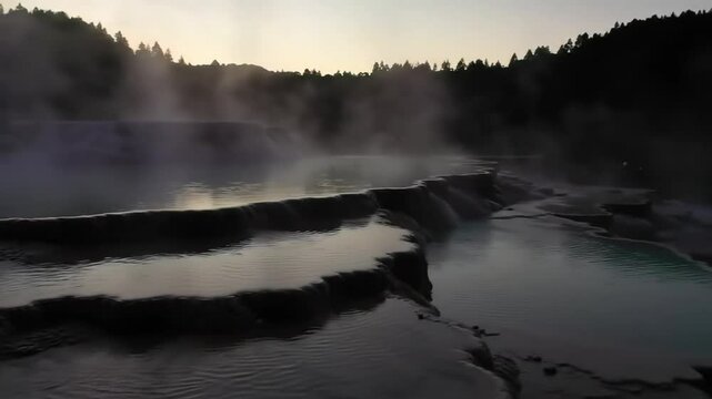 Ethereal Thermal Pools at Sunset Serene Landscape Background