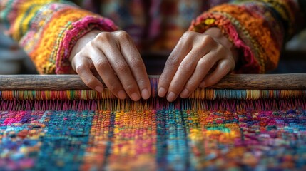Hands weaving vibrant tapestry on loom.  Close-up view of colorful threads being manipulated