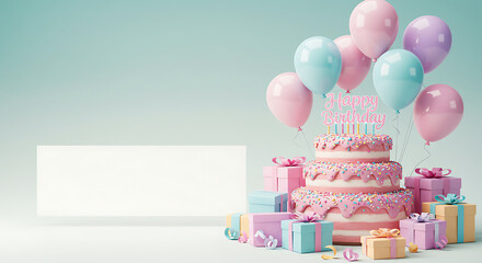 Pastel Birthday Cake with Balloons and Gifts, Blank Sign