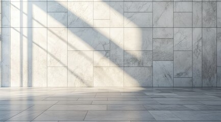 Obraz premium Sunlight streams through windows onto a large, tiled floor and wall. Clean, modern space