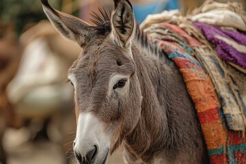 portrait of a donkey carrying loads