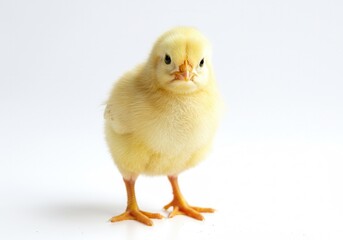 Obraz premium Small yellow chick standing on a white background looking at the camera