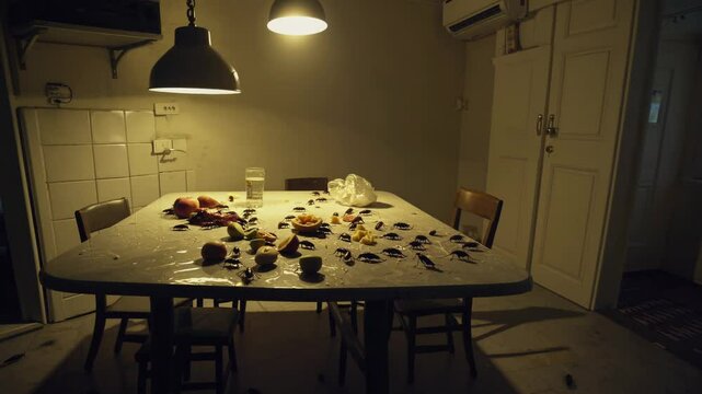 Cockroaches infesting kitchen table with food waste