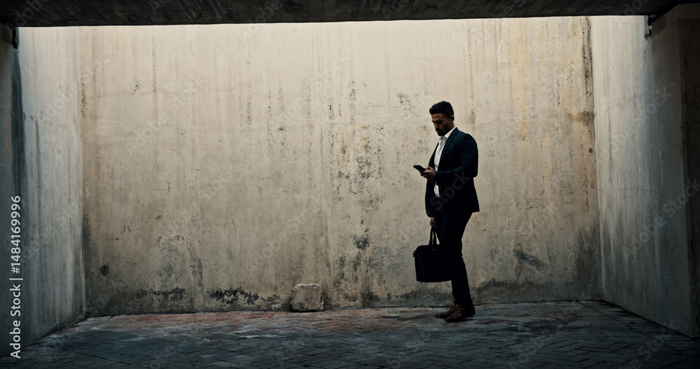 Aufkleber Business, phone and space with man by concrete wall for communication or networking. Application, social media or text message and person with briefcase on mockup for data, information or update