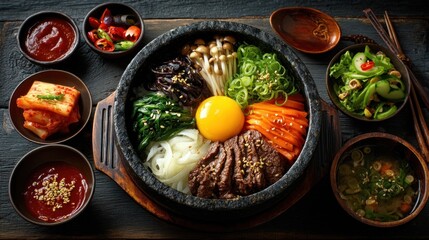 Korean bibimbap served in a hot stone bowl with colorful toppings, side dishes arranged neatly on the side, wooden texture table