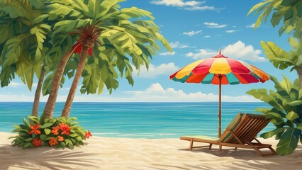 Summer Beach Cartoon Background with Palm Tree, Umbrella, and Vacation Items