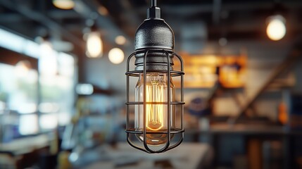 Hanging caged lightbulb glows in a blurred, modern room