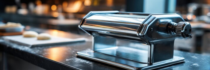 Shiny chrome pasta maker sits on a dark countertop in a professional kitchen.  Ready to make fresh pasta!