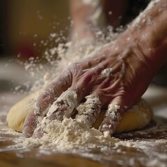 Fototapeta premium Chef's Hands Kneading Dough with Flour Dust, Culinary Art