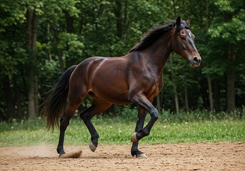 Fototapeta premium Dark Bay Horse Cantering, Forest Backdrop
