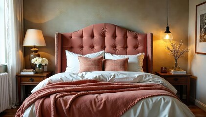 Cozy bedroom featuring a plush headboard made entirely of cushions, offering a unique and comfortable design element Perfect for a bohemian or eclectic aesthetic , pillows, rustic