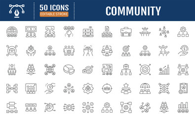 Community line editable icon set. Containing people,
friendship, social, diversity, village, relationships, support
and community development. Vector illustration
