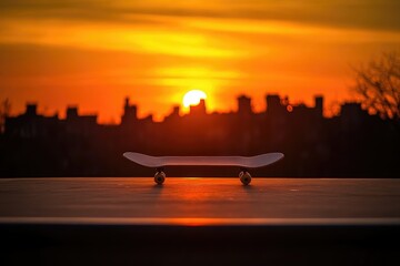 Skateboard silhouette at sunset over city skyline