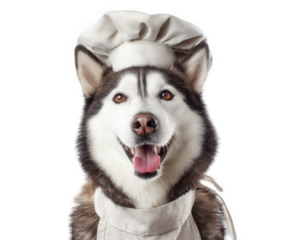 Humorous Siberian Husky dressed as chef, complete with chef hat and apron, exuding joy and playfulness. This adorable dog brings smile to anyone who sees it