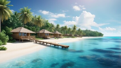 "Tropical Overwater Villas with Palm Trees and Clear Blue Sea"