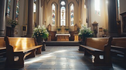 Serene Interior of a Church with Beautiful Stained Glass Windows