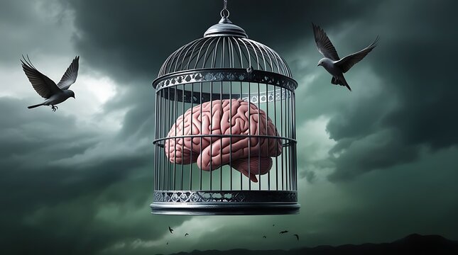 Imaginative illustration of a brain imprisoned in a cage amid stormy skies and flying birds, depicting themes of mental health, liberation, and emotional struggle



